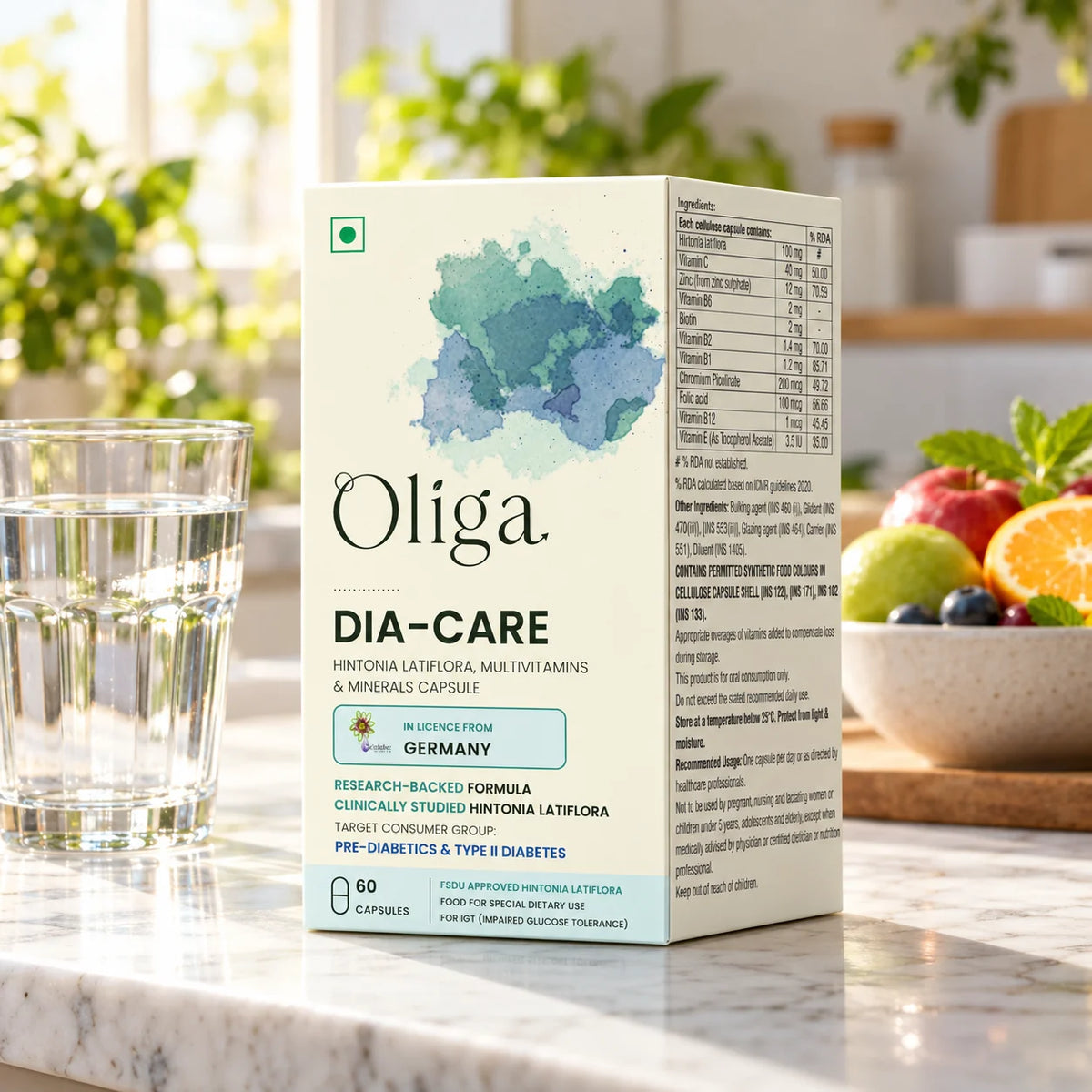Oliga Dia-Care pack on a kitchen counter with water and fruit